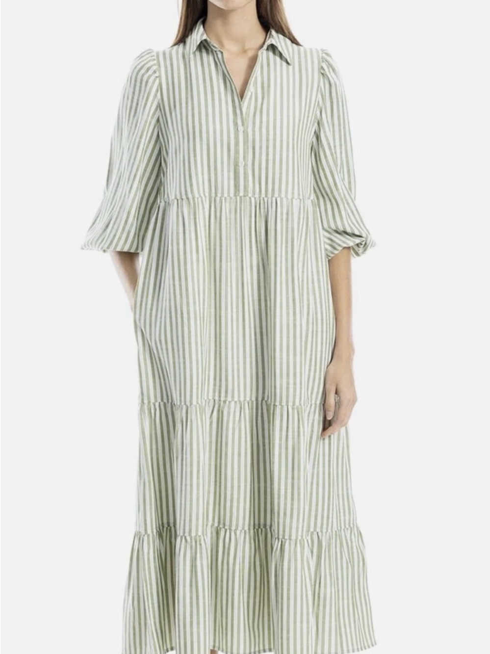 Max Studio Green Striped Collared Tiered Maxi Dress